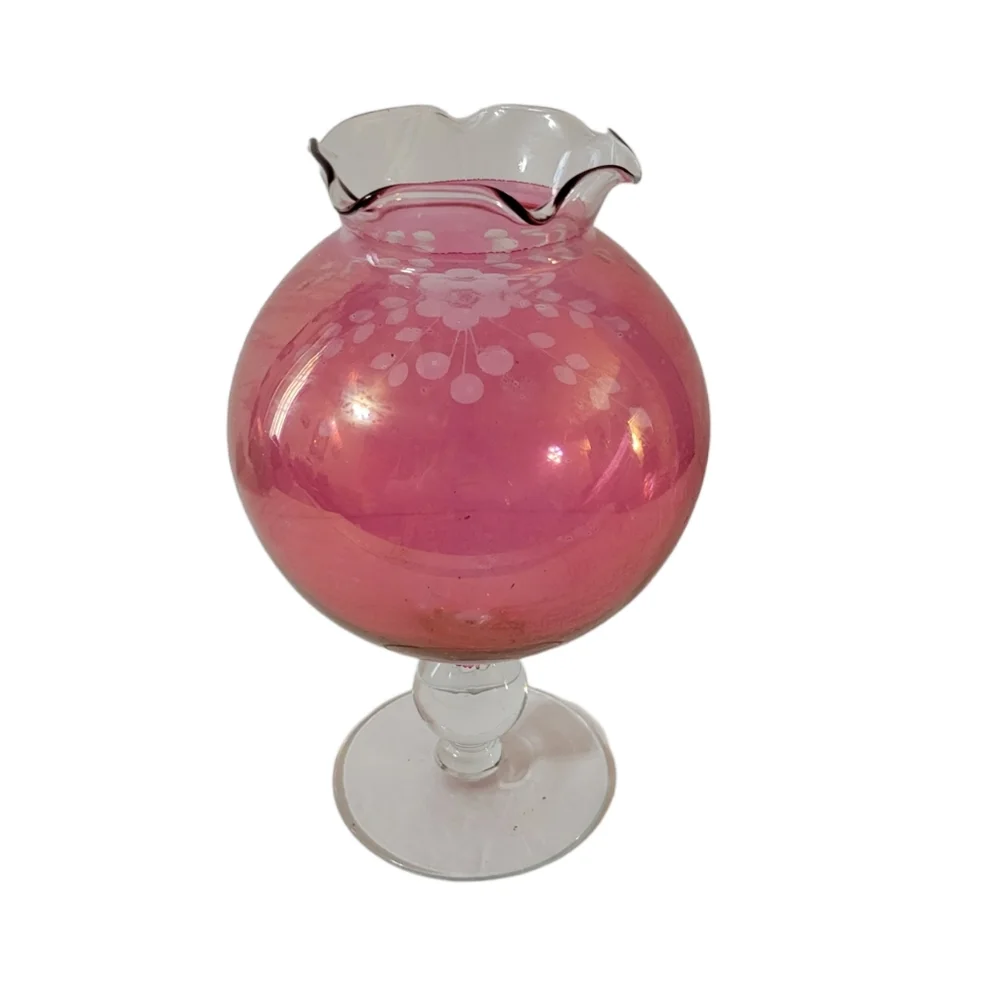 Vintage Cranberry Glass Etched Vase